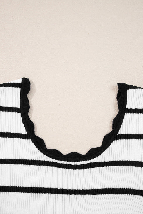 Scalloped Scoop Neck Striped Ribbed Knit Long Sleeve Top