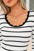Scalloped Scoop Neck Striped Ribbed Knit Long Sleeve Top