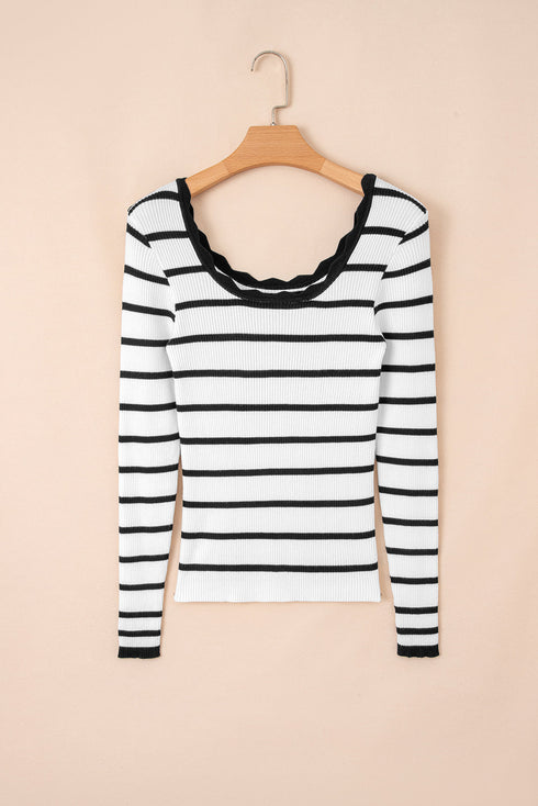 Scalloped Scoop Neck Striped Ribbed Knit Long Sleeve Top