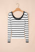 Scalloped Scoop Neck Striped Ribbed Knit Long Sleeve Top