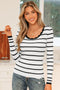Scalloped Scoop Neck Striped Ribbed Knit Long Sleeve Top