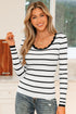 Scalloped Scoop Neck Striped Ribbed Knit Long Sleeve Top