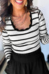 Scalloped Scoop Neck Striped Ribbed Knit Long Sleeve Top