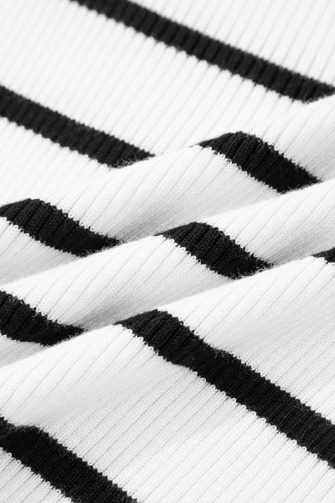 Scalloped Scoop Neck Striped Ribbed Knit Long Sleeve Top