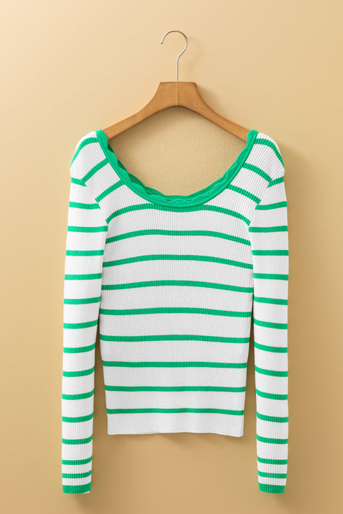 Scalloped Scoop Neck Striped Ribbed Knit Long Sleeve Top