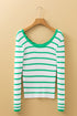 Scalloped Scoop Neck Striped Ribbed Knit Long Sleeve Top