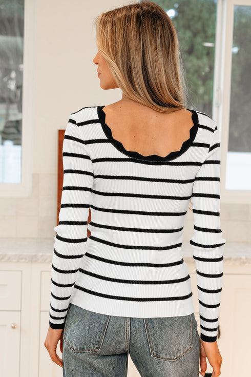 Scalloped Scoop Neck Striped Ribbed Knit Long Sleeve Top