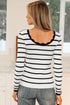 Scalloped Scoop Neck Striped Ribbed Knit Long Sleeve Top