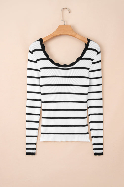 Scalloped Scoop Neck Striped Ribbed Knit Long Sleeve Top