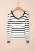 Scalloped Scoop Neck Striped Ribbed Knit Long Sleeve Top