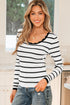 Scalloped Scoop Neck Striped Ribbed Knit Long Sleeve Top