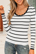 Scalloped Scoop Neck Striped Ribbed Knit Long Sleeve Top