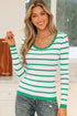 Scalloped Scoop Neck Striped Ribbed Knit Long Sleeve Top