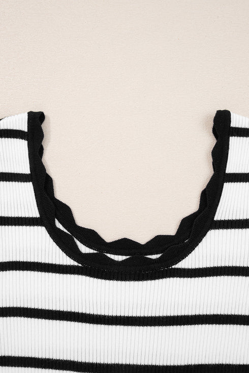 Scalloped Scoop Neck Striped Ribbed Knit Long Sleeve Top