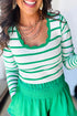Scalloped Scoop Neck Striped Ribbed Knit Long Sleeve Top