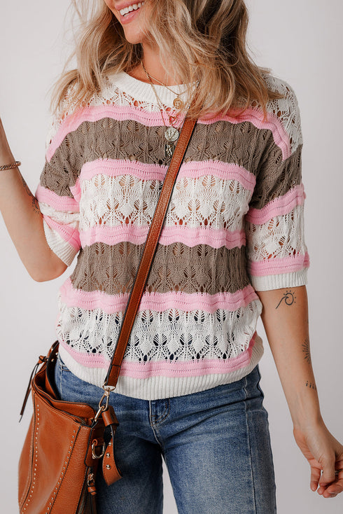Scalloped Stripe Openwork Knit Short Sleeve Sweater Top