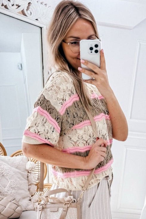Scalloped Stripe Openwork Knit Short Sleeve Sweater Top