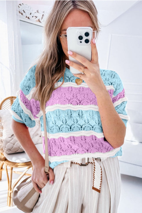 Scalloped Stripe Openwork Knit Short Sleeve Sweater Top