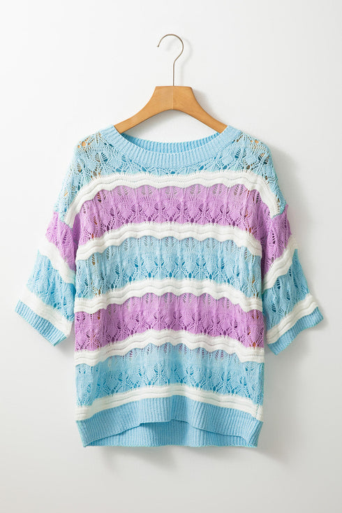 Scalloped Stripe Openwork Knit Short Sleeve Sweater Top
