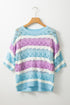 Scalloped Stripe Openwork Knit Short Sleeve Sweater Top