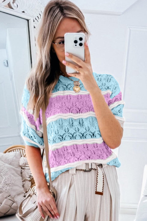Scalloped Stripe Openwork Knit Short Sleeve Sweater Top