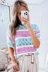 Scalloped Stripe Openwork Knit Short Sleeve Sweater Top