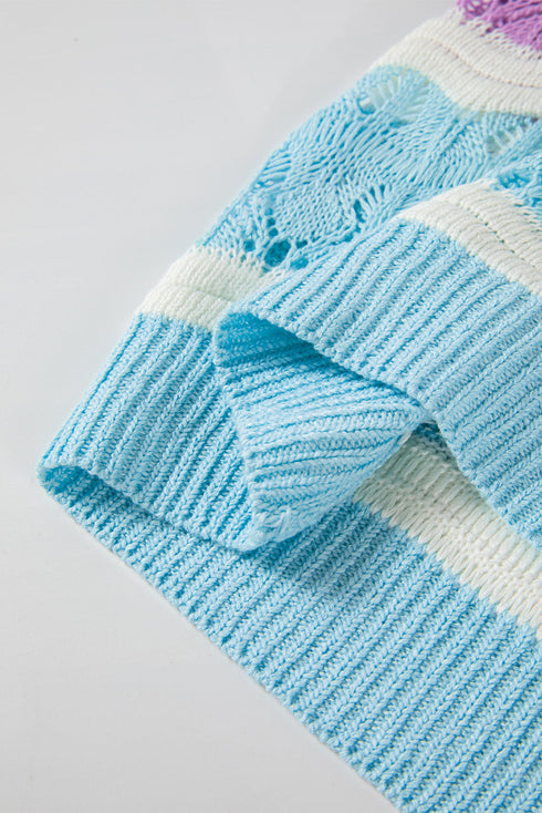 Scalloped Stripe Openwork Knit Short Sleeve Sweater Top