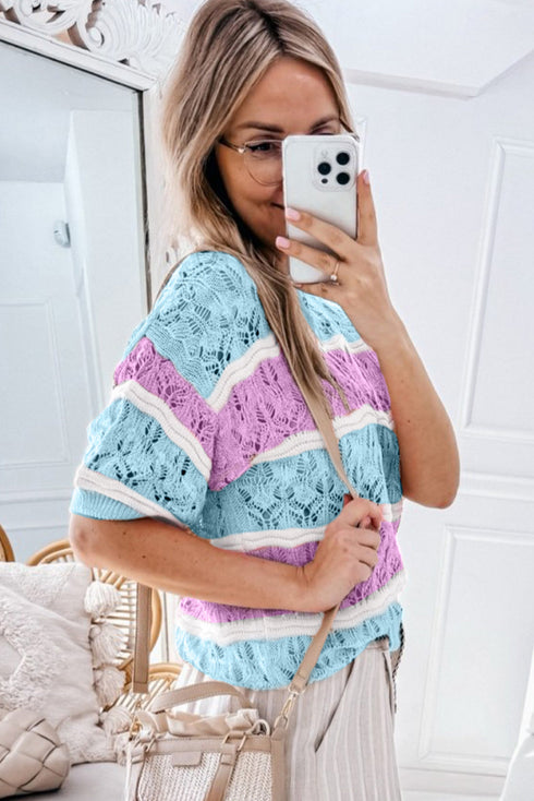 Scalloped Stripe Openwork Knit Short Sleeve Sweater Top