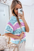 Scalloped Stripe Openwork Knit Short Sleeve Sweater Top