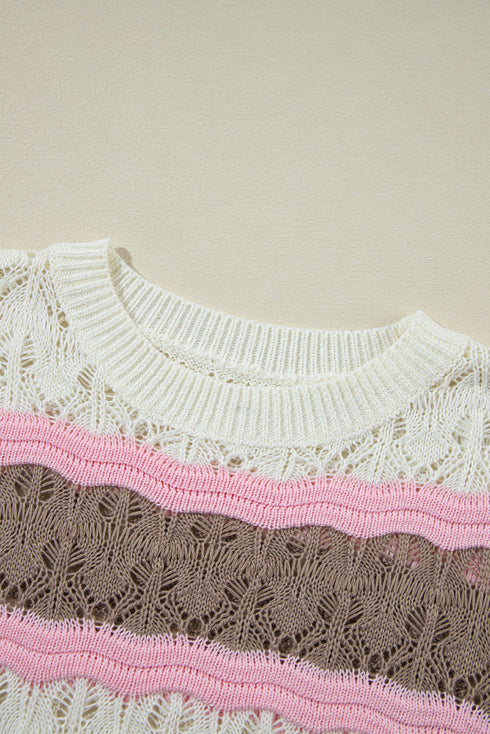 Scalloped Stripe Openwork Knit Short Sleeve Sweater Top