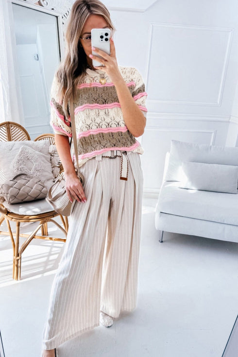 Scalloped Stripe Openwork Knit Short Sleeve Sweater Top