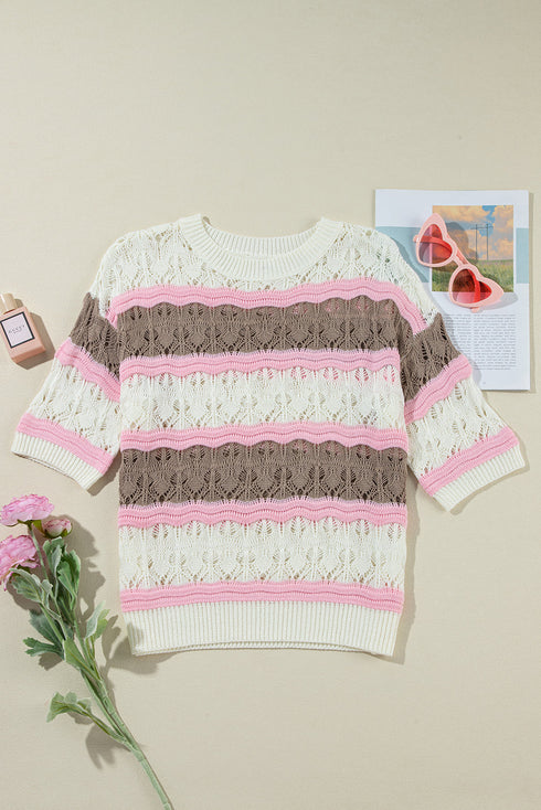 Scalloped Stripe Openwork Knit Short Sleeve Sweater Top