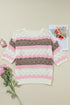 Scalloped Stripe Openwork Knit Short Sleeve Sweater Top