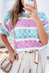 Scalloped Stripe Openwork Knit Short Sleeve Sweater Top