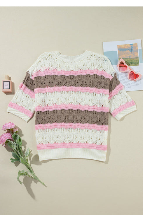 Scalloped Stripe Openwork Knit Short Sleeve Sweater Top