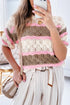 Scalloped Stripe Openwork Knit Short Sleeve Sweater Top