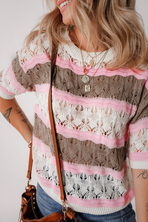 Scalloped Stripe Openwork Knit Short Sleeve Sweater Top