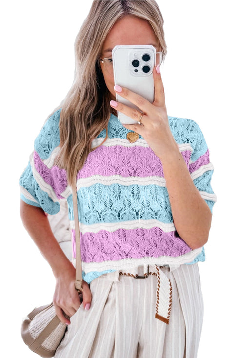 Scalloped Stripe Openwork Knit Short Sleeve Sweater Top