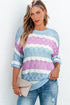 Scalloped Stripe Openwork Knit Short Sleeve Sweater Top