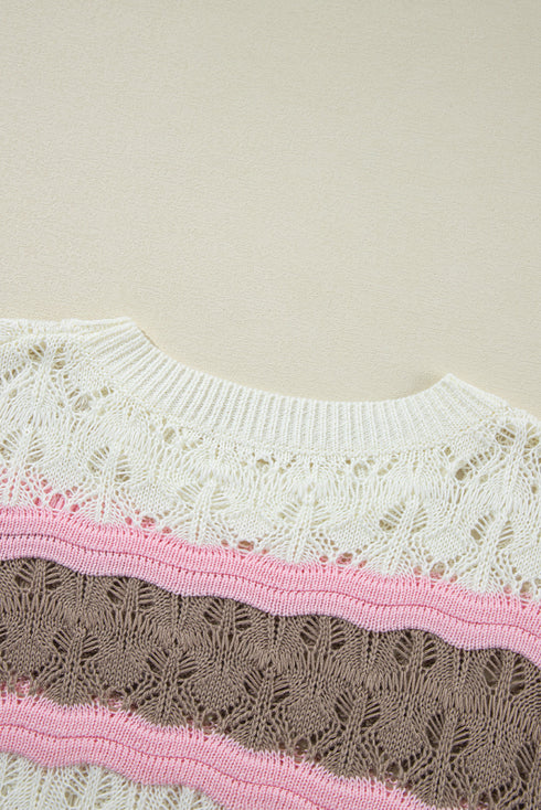 Scalloped Stripe Openwork Knit Short Sleeve Sweater Top