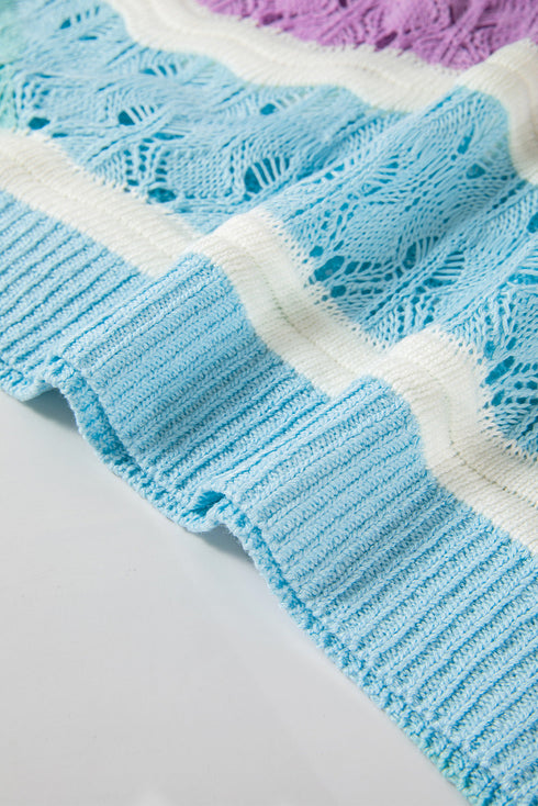 Scalloped Stripe Openwork Knit Short Sleeve Sweater Top