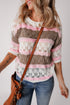 Scalloped Stripe Openwork Knit Short Sleeve Sweater Top