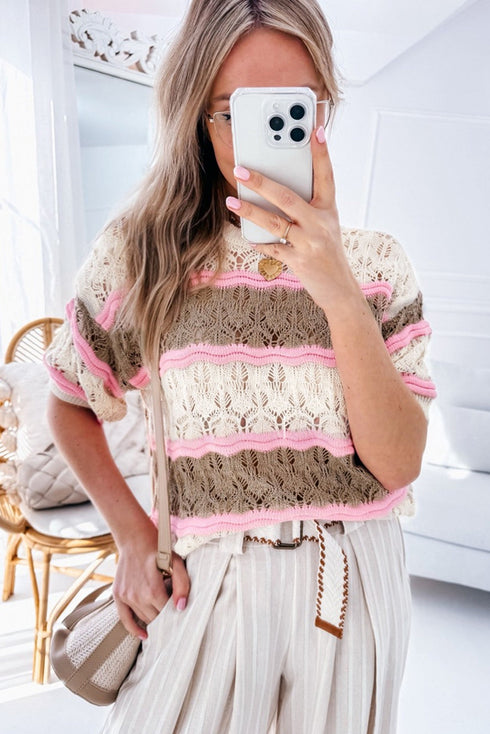 Scalloped Stripe Openwork Knit Short Sleeve Sweater Top