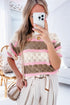 Scalloped Stripe Openwork Knit Short Sleeve Sweater Top