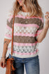 Scalloped Stripe Openwork Knit Short Sleeve Sweater Top