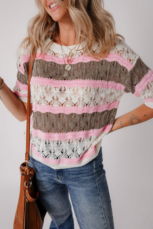 Scalloped Stripe Openwork Knit Short Sleeve Sweater Top