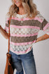Scalloped Stripe Openwork Knit Short Sleeve Sweater Top