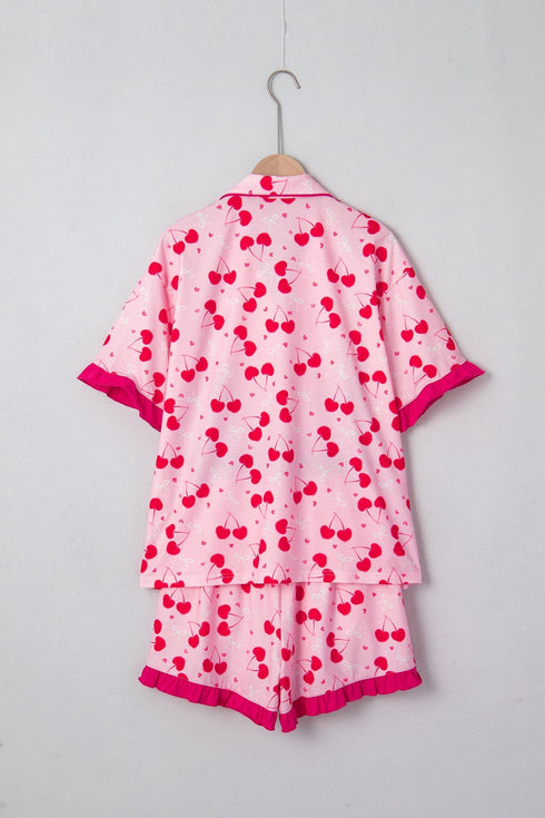 Scalloped Trim Cherry Bow Print Short Pajama Set