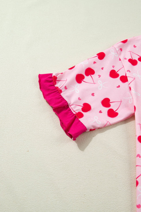 Scalloped Trim Cherry Bow Print Short Pajama Set