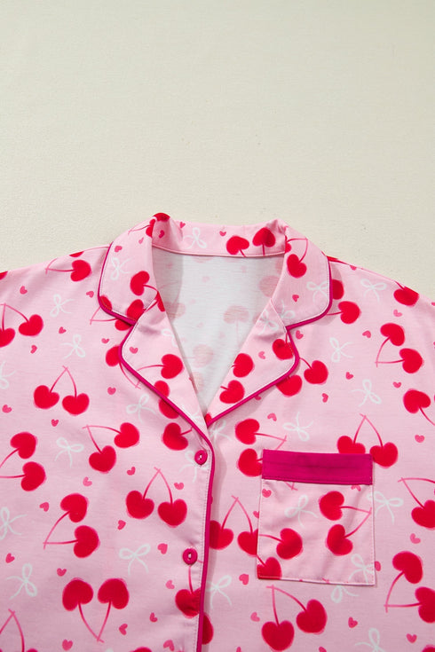 Scalloped Trim Cherry Bow Print Short Pajama Set